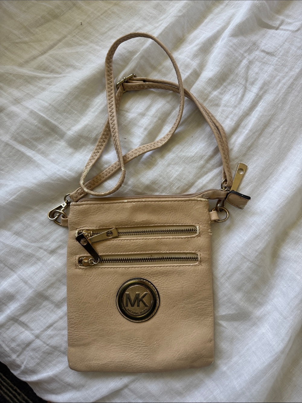 Michael Kors Light Beige Leather Crossbody with MK Medallion